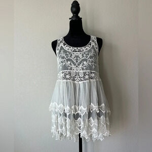 Wishlist White Bohemian Cowgirl Sheer Crochet Lace Open Back Tank Top S/M